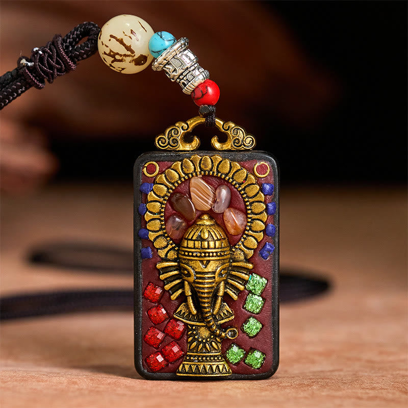 Nimara Ritual Tibetan Ganesh Ganpati Elephant Ebony Wood Rope Peace Necklace Pendant