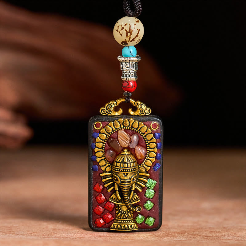 Nimara Ritual Tibetan Ganesh Ganpati Elephant Ebony Wood Rope Peace Necklace Pendant