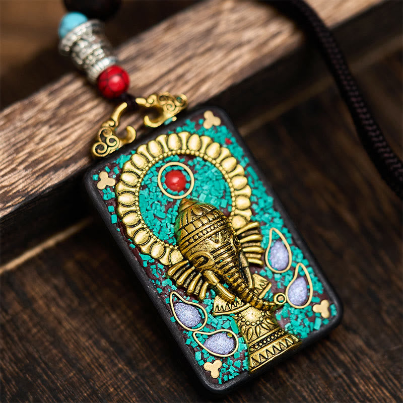 Nimara Ritual Tibetan Ganesh Ganpati Elephant Ebony Wood Rope Peace Necklace Pendant