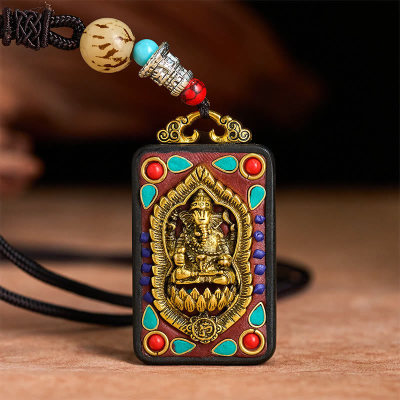 Nimara Ritual Tibetan Ganesh Ganpati Elephant Ebony Wood Rope Peace Necklace Pendant