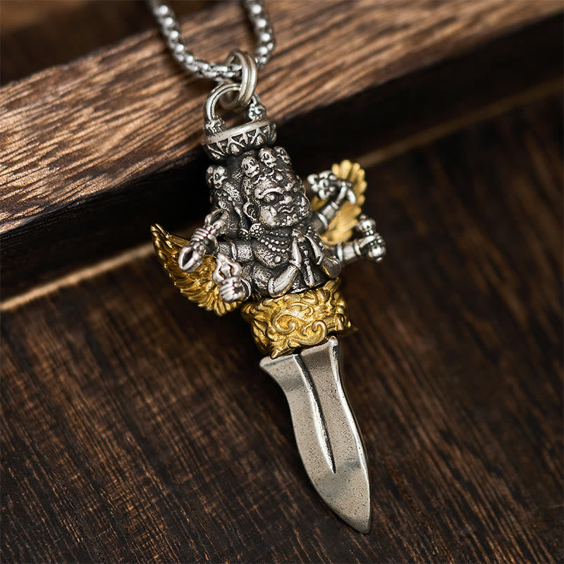 Nimara Ritual Tibetan Vajra Three Heads Six Arms Design Copper Healing Spiritual Power Necklace Pendant