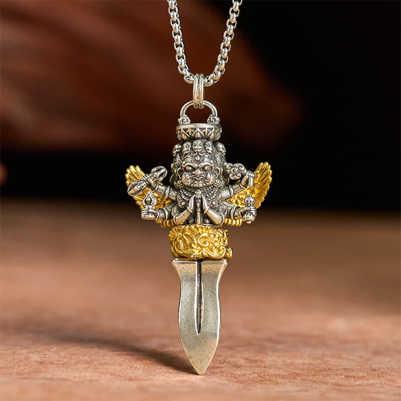 Nimara Ritual Tibetan Vajra Three Heads Six Arms Design Copper Healing Spiritual Power Necklace Pendant