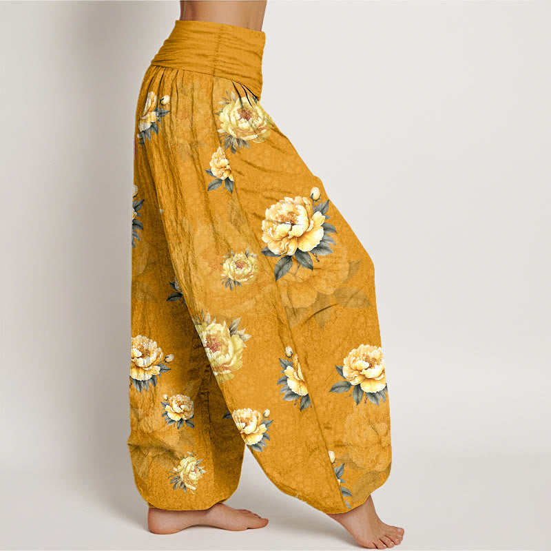 Nimara Ritual Cotton Delicate Peony Pattern Women's Elastic Waist Harem Pants