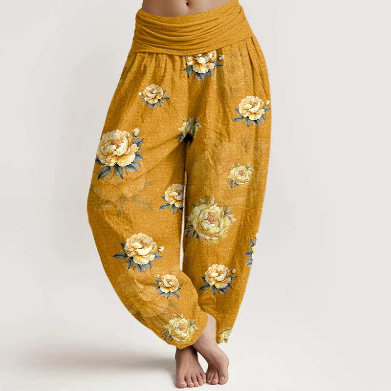 Nimara Ritual Cotton Delicate Peony Pattern Women's Elastic Waist Harem Pants