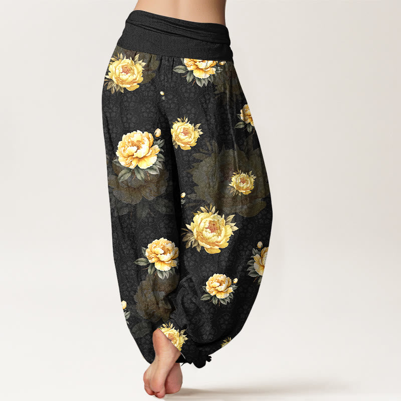 Nimara Ritual Cotton Delicate Peony Pattern Women's Elastic Waist Harem Pants