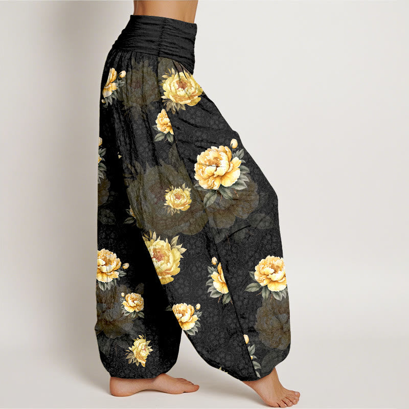Nimara Ritual Cotton Delicate Peony Pattern Women's Elastic Waist Harem Pants