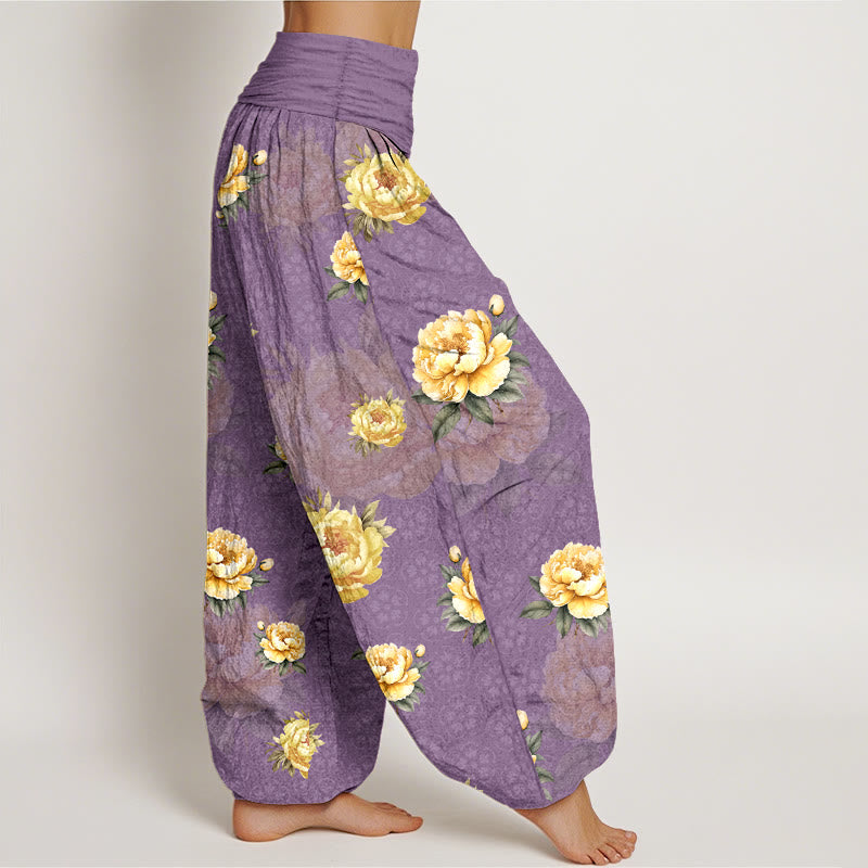 Nimara Ritual Cotton Delicate Peony Pattern Women's Elastic Waist Harem Pants