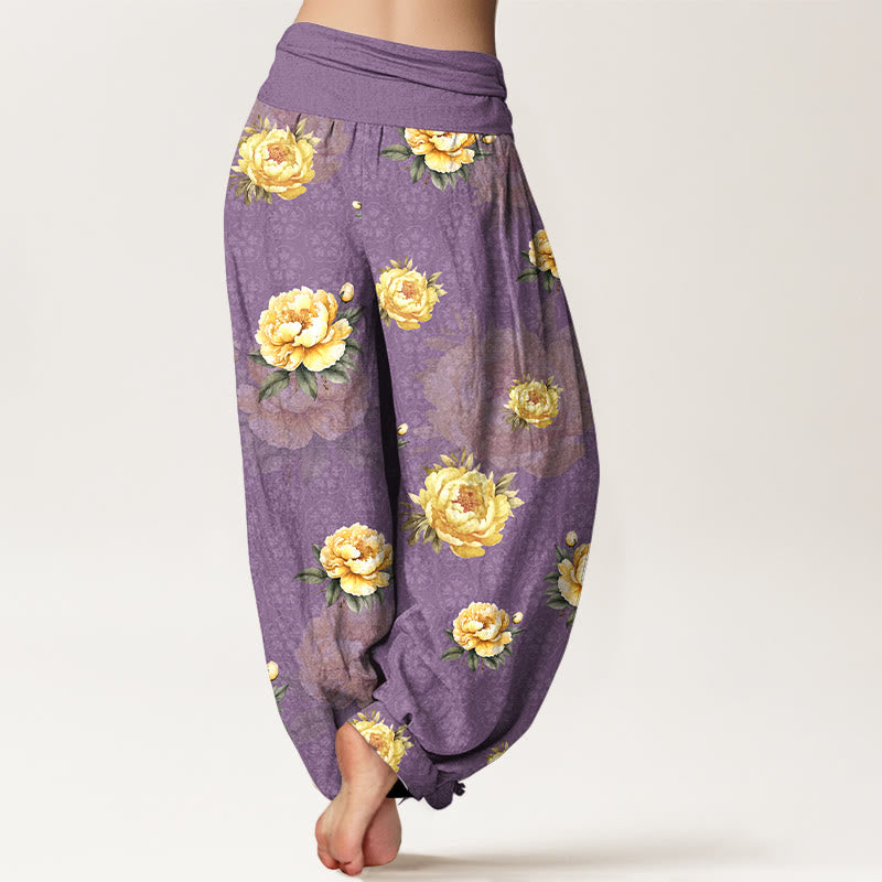 Nimara Ritual Cotton Delicate Peony Pattern Women's Elastic Waist Harem Pants