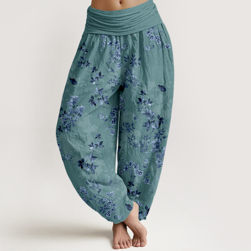 Nimara Ritual Cotton Hazy Flower Leaf Pattern Women's Elastic Waist Harem Pants