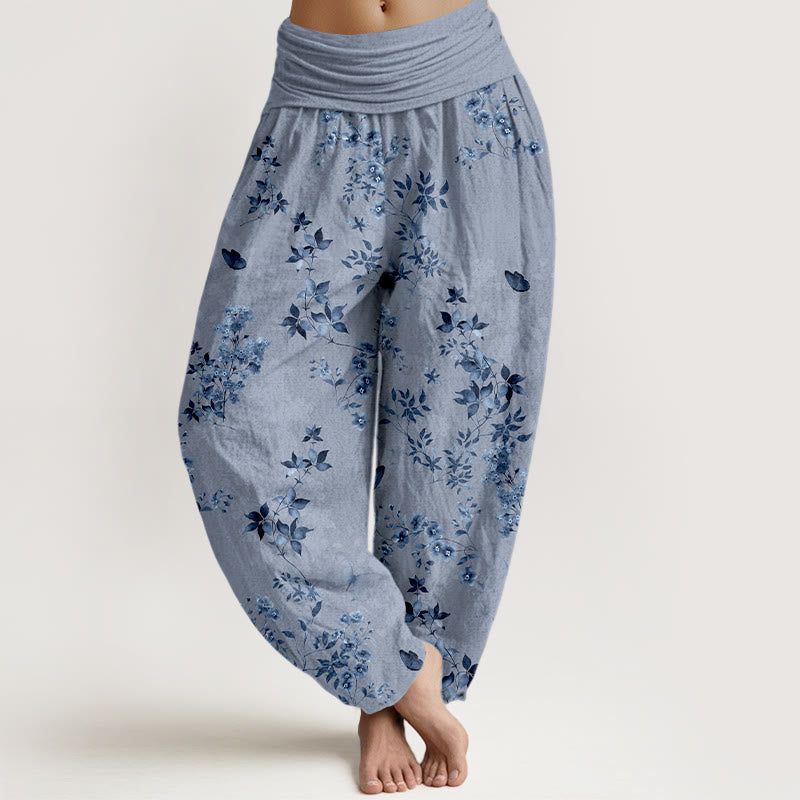 Nimara Ritual Cotton Hazy Flower Leaf Pattern Women's Elastic Waist Harem Pants