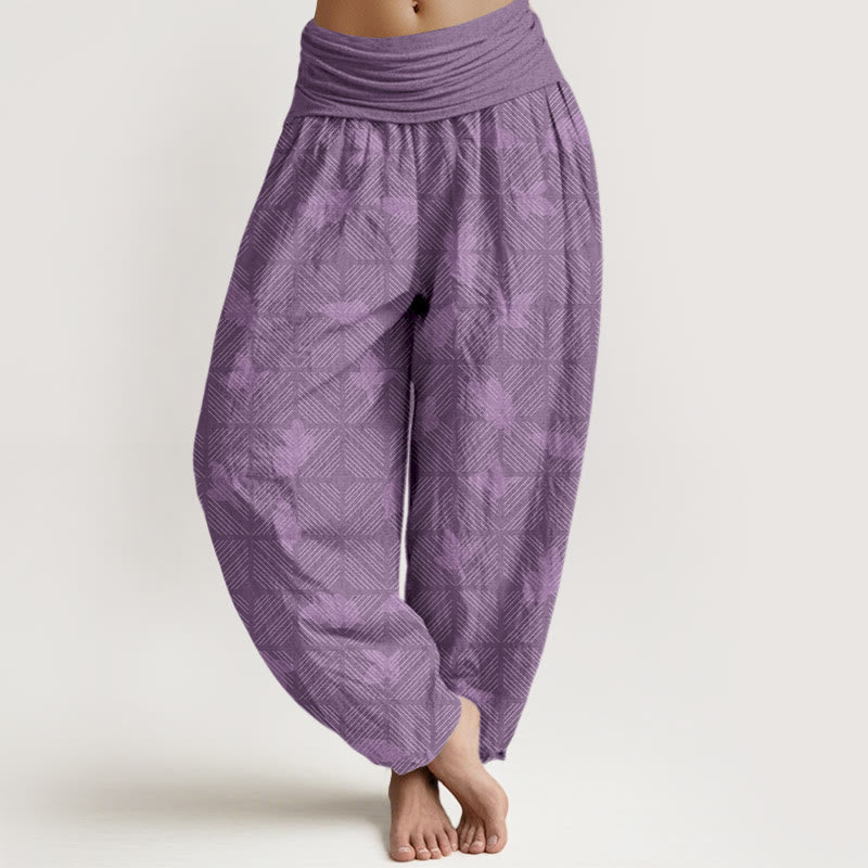 Nimara Ritual Cotton Neatly Arranged Checkered Leaf Pattern Women's Elastic Waist Harem Pants