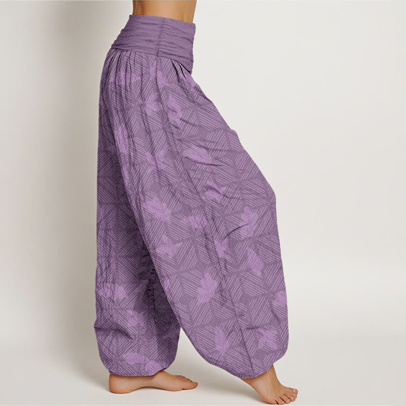 Nimara Ritual Cotton Neatly Arranged Checkered Leaf Pattern Women's Elastic Waist Harem Pants