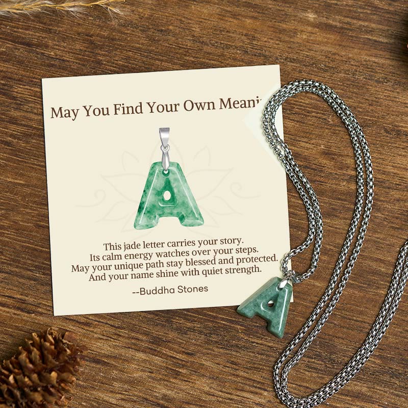 Nimara Ritual "May You Find Your Own Meaning" Natural A-Z Letter Jade Titanium Steel Chain Necklace Includes Gift Message Card