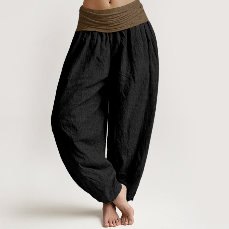 Nimara Ritual Cotton Black Green Tan Solid Color Women's Elastic Waist Harem Pants