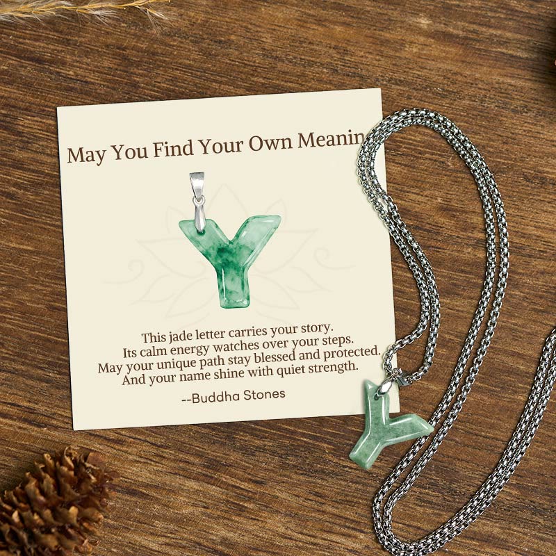 Nimara Ritual "May You Find Your Own Meaning" Natural A-Z Letter Jade Titanium Steel Chain Necklace Includes Gift Message Card