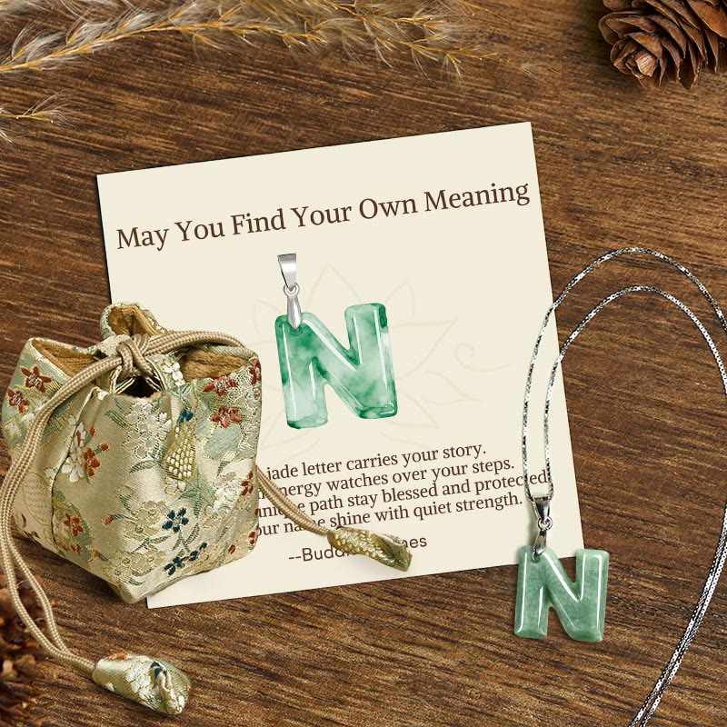 Nimara Ritual "May You Find Your Own Meaning" Natural A-Z Letter Jade Titanium Steel Chain Necklace Includes Gift Message Card