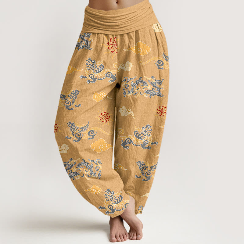 Nimara Ritual Cotton Gorgeous Dragon Auspicious Beast Cloud Pattern Women's Elastic Waist Harem Pants