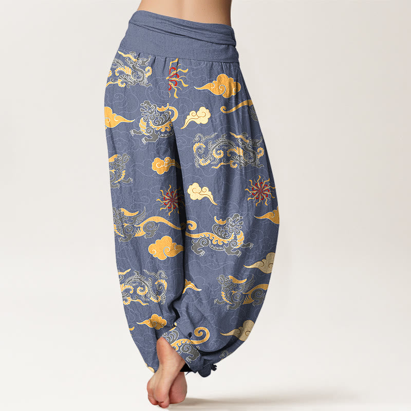 Nimara Ritual Cotton Gorgeous Dragon Auspicious Beast Cloud Pattern Women's Elastic Waist Harem Pants