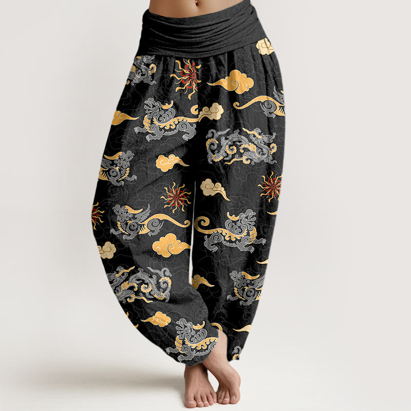 Nimara Ritual Cotton Gorgeous Dragon Auspicious Beast Cloud Pattern Women's Elastic Waist Harem Pants