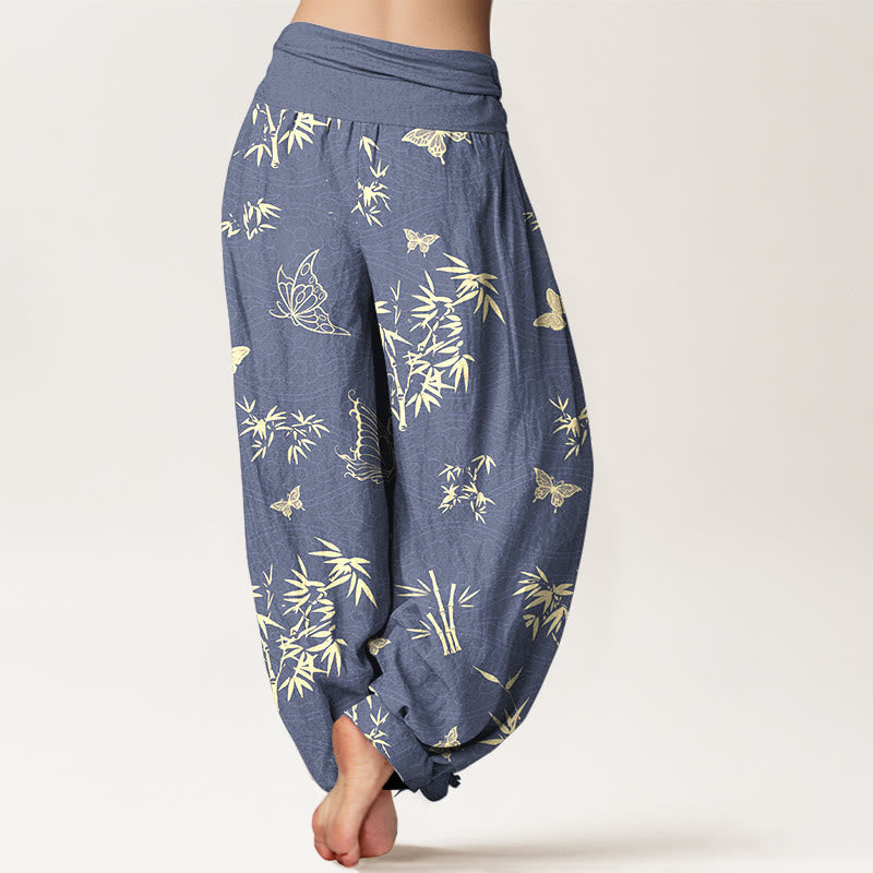 Nimara Ritual Cotton Elegant Butterfly Bamboo Pattern Women's Elastic Waist Harem Pants