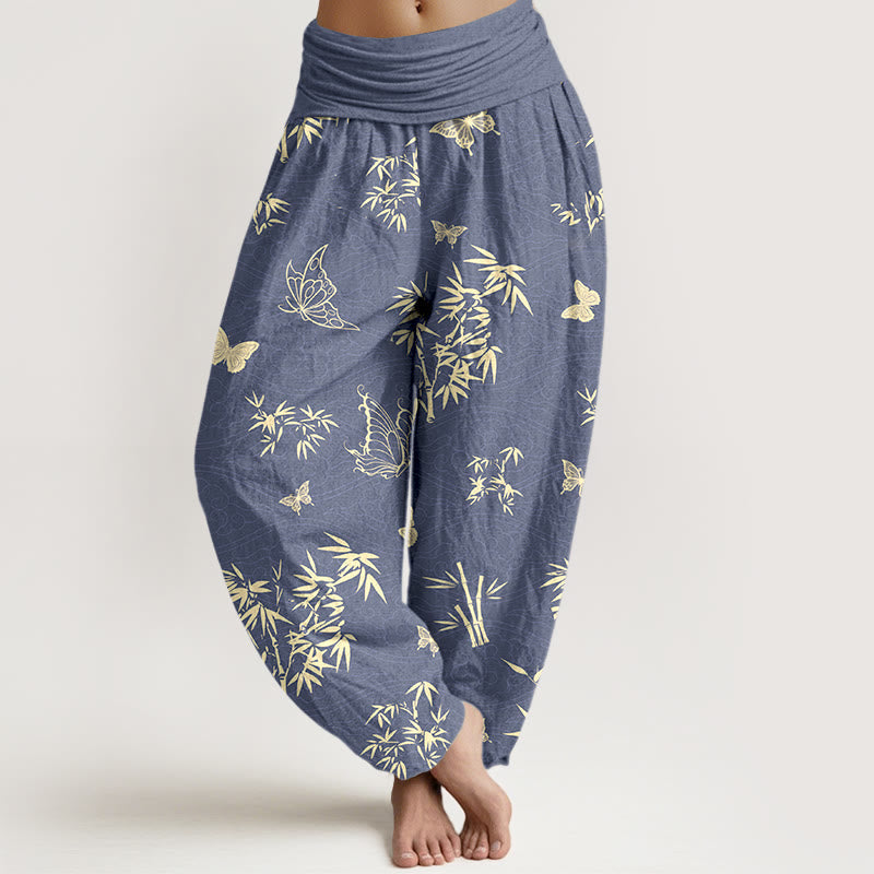 Nimara Ritual Cotton Elegant Butterfly Bamboo Pattern Women's Elastic Waist Harem Pants