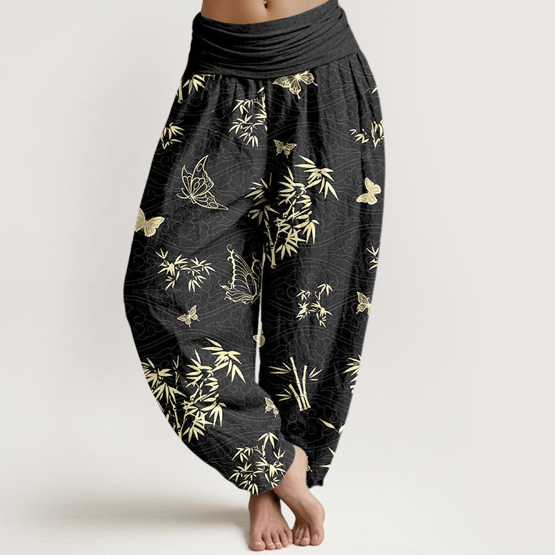 Nimara Ritual Cotton Elegant Butterfly Bamboo Pattern Women's Elastic Waist Harem Pants