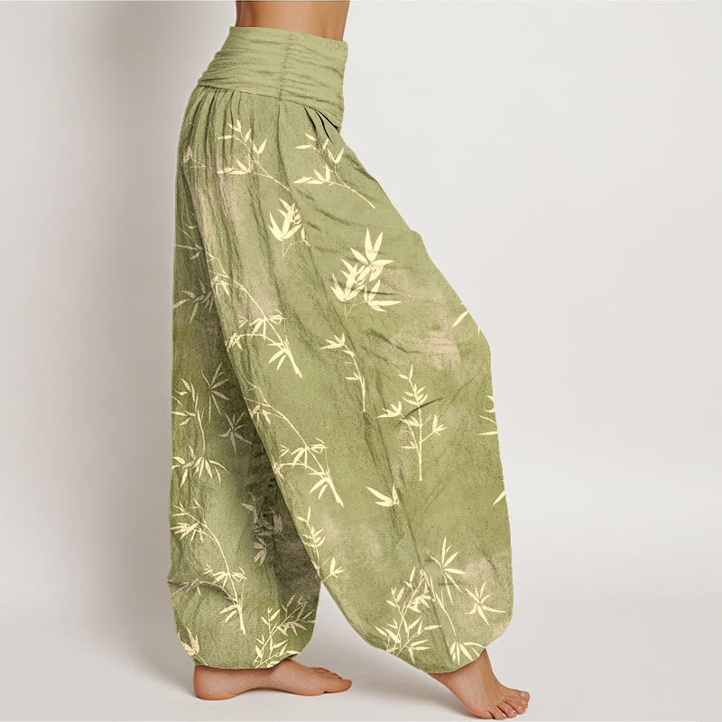 Nimara Ritual Cotton Simple Bamboo Leaves Pattern Women's Elastic Waist Harem Pants