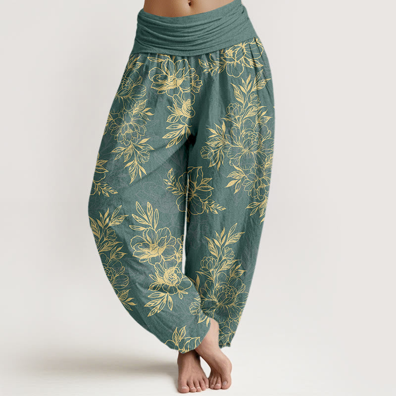 Nimara Ritual Cotton Complicated Flowers Leaves Pattern Women's Elastic Waist Harem Pants