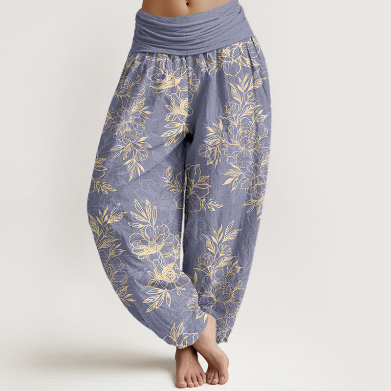 Nimara Ritual Cotton Complicated Flowers Leaves Pattern Women's Elastic Waist Harem Pants