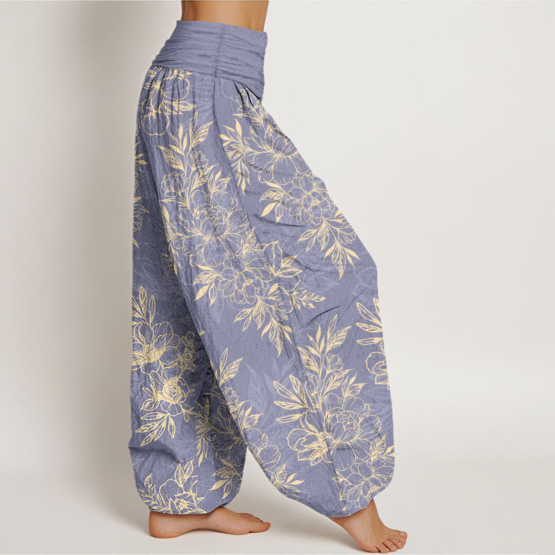 Nimara Ritual Cotton Complicated Flowers Leaves Pattern Women's Elastic Waist Harem Pants