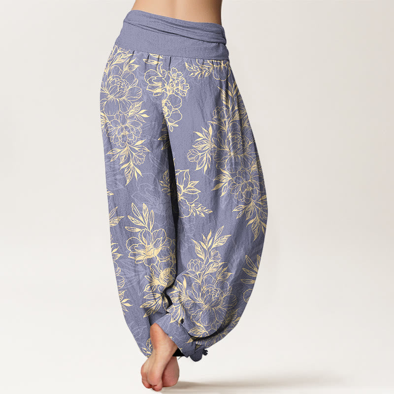 Nimara Ritual Cotton Complicated Flowers Leaves Pattern Women's Elastic Waist Harem Pants