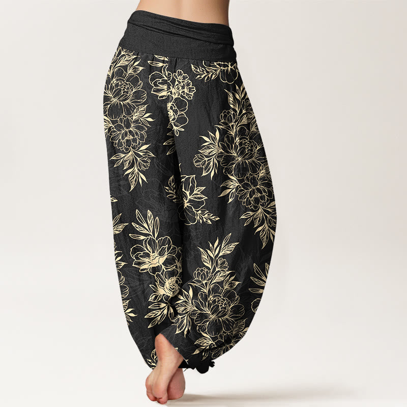 Nimara Ritual Cotton Complicated Flowers Leaves Pattern Women's Elastic Waist Harem Pants