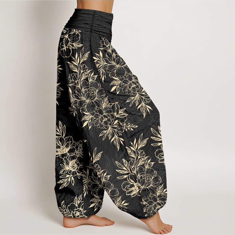 Nimara Ritual Cotton Complicated Flowers Leaves Pattern Women's Elastic Waist Harem Pants