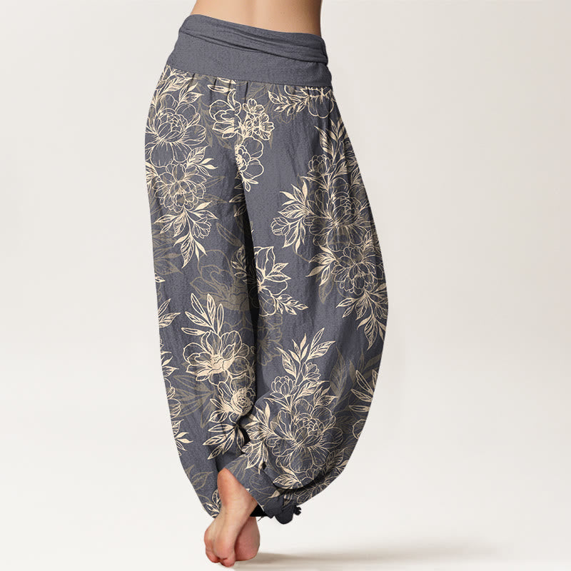 Nimara Ritual Cotton Complicated Flowers Leaves Pattern Women's Elastic Waist Harem Pants