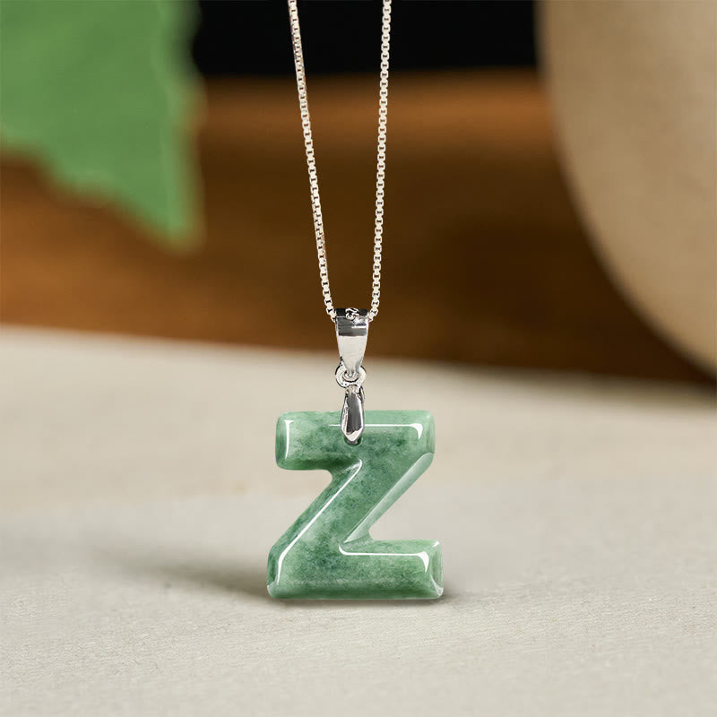 Nimara Ritual Natural A-Z Letter Jade 925 Sterling Silver Silm Chain Prosperity Necklace Pendant