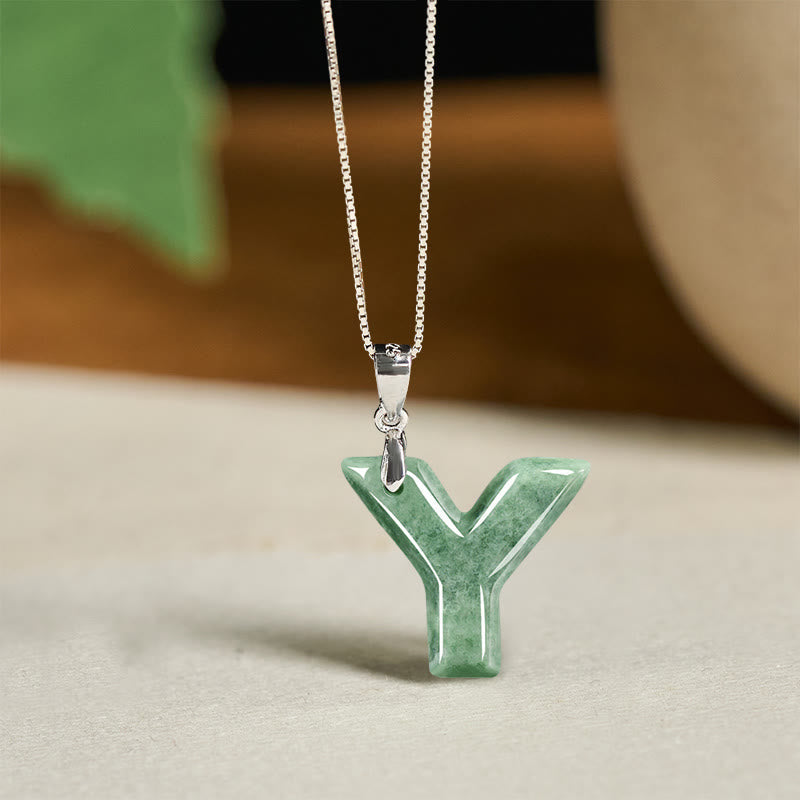 Nimara Ritual Natural A-Z Letter Jade 925 Sterling Silver Silm Chain Prosperity Necklace Pendant