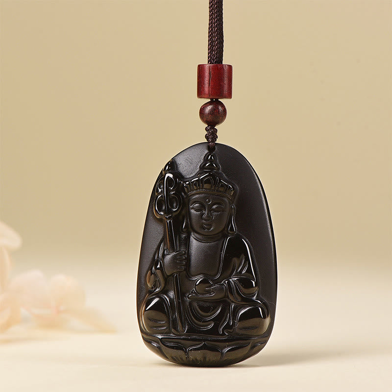 Nimara Ritual Ksitigarbha Buddha Pattern Black Obsidian Fulfilment Necklace Pendant
