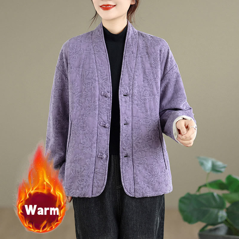 Nimara Ritual Winter V-Neck Jacquard Frog-Button Cotton Long Sleeve Women's Thermal Jacket With Pockets