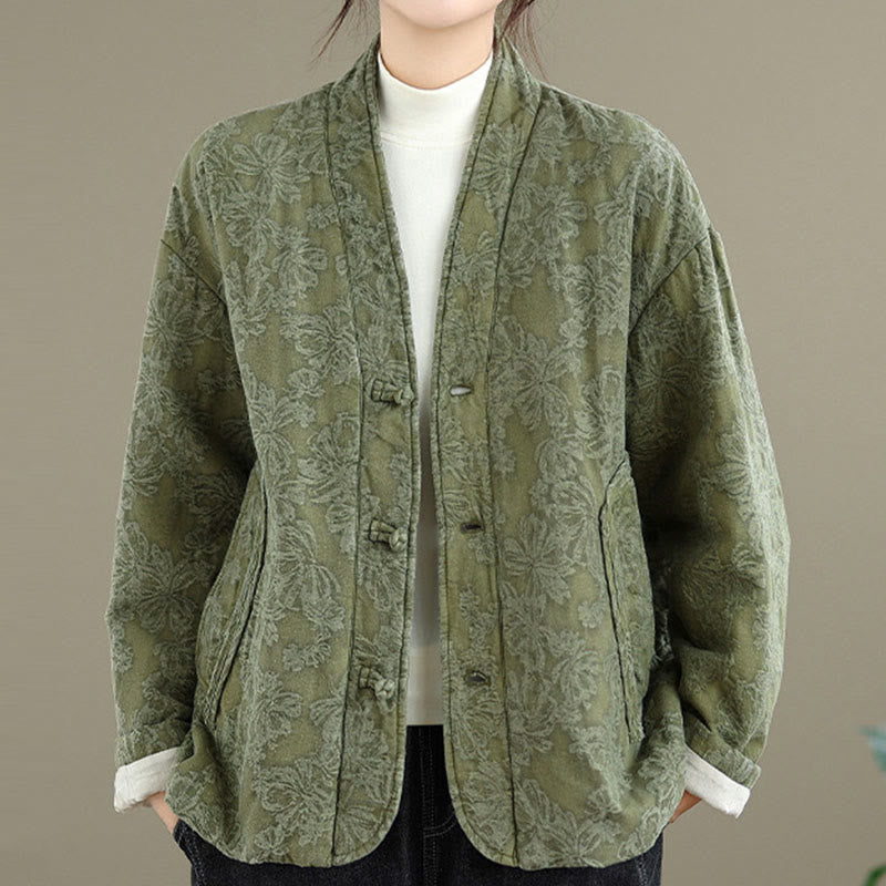 Nimara Ritual Winter V-Neck Jacquard Frog-Button Cotton Long Sleeve Women's Thermal Jacket With Pockets