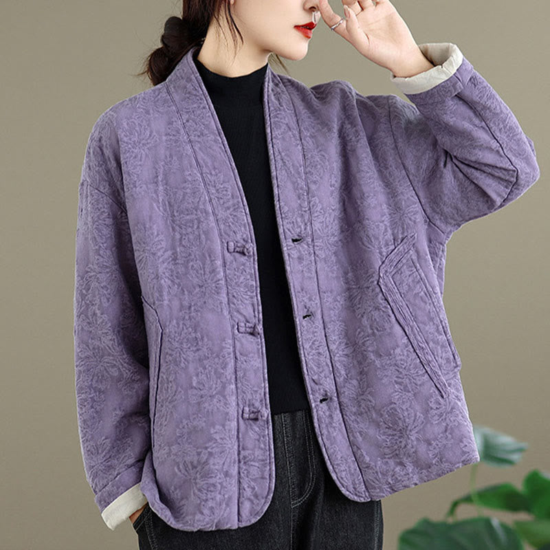 Nimara Ritual Winter V-Neck Jacquard Frog-Button Cotton Long Sleeve Women's Thermal Jacket With Pockets