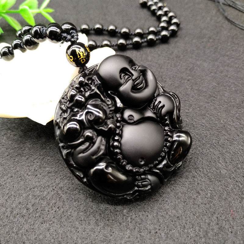 Nimara Ritual Laughing Buddha Pattern Black Obsidian Glass Fulfilment Necklace Pendant