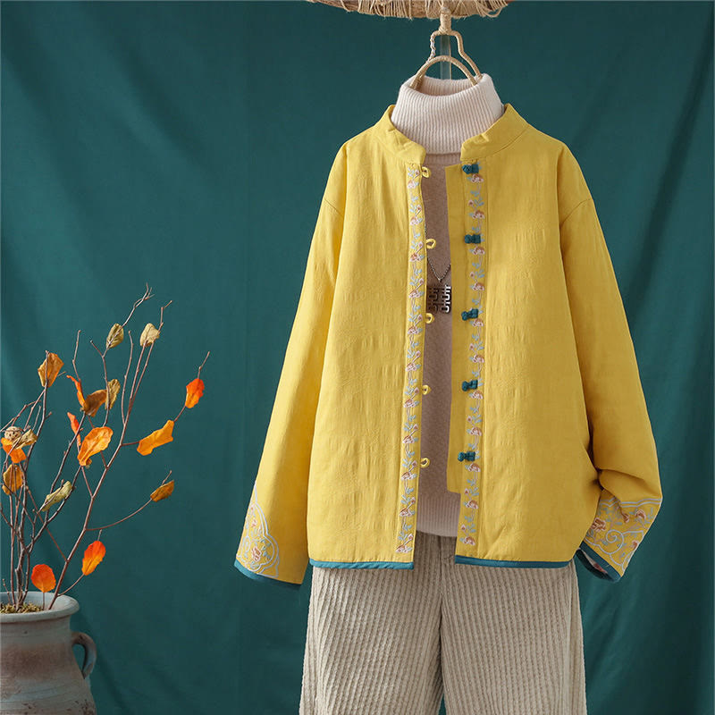 Nimara Ritual Winter Frog-Button Embroidery Flowers Vines Open Front Cotton Long Sleeve Women's Thermal Jacket