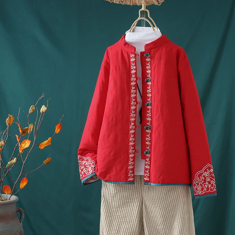Nimara Ritual Winter Frog-Button Embroidery Flowers Vines Open Front Cotton Long Sleeve Women's Thermal Jacket
