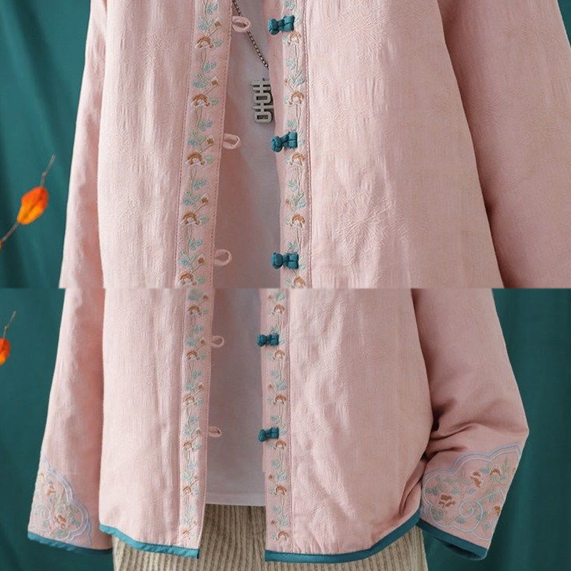Nimara Ritual Winter Frog-Button Embroidery Flowers Vines Open Front Cotton Long Sleeve Women's Thermal Jacket