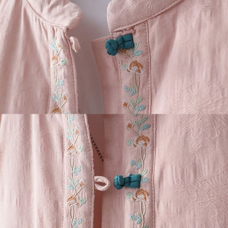 Nimara Ritual Winter Frog-Button Embroidery Flowers Vines Open Front Cotton Long Sleeve Women's Thermal Jacket