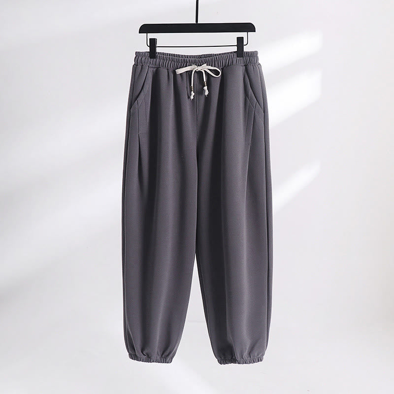 Nimara Ritual Fall Winter Solid Drawstring Regular Fleece-Lined Elastic Waist Men's Cotton Harem Pants With Pockets