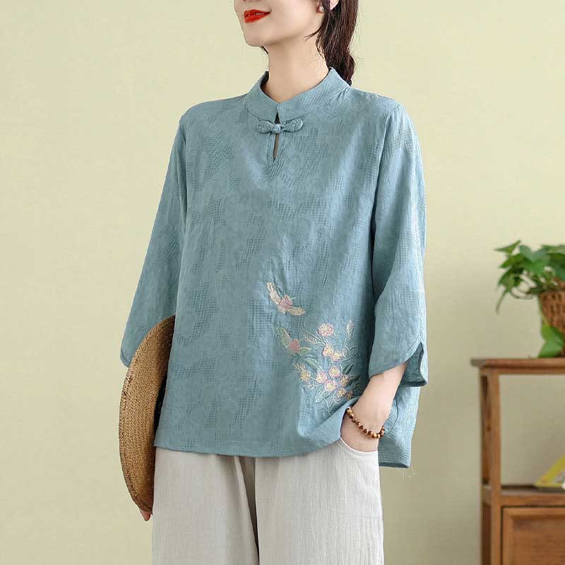 Nimara Ritual Flower Embroidery Three Quarter Sleeve One Frog-Button Mandarin Collar Cotton Women's Shirt