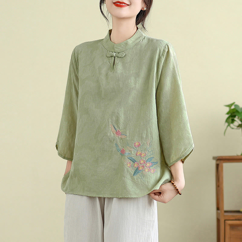 Nimara Ritual Flower Embroidery Three Quarter Sleeve One Frog-Button Mandarin Collar Cotton Women's Shirt