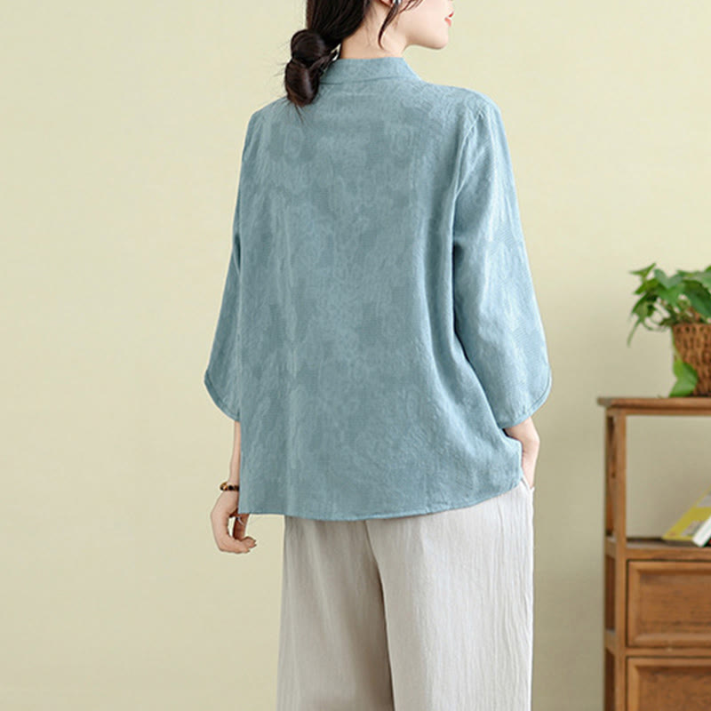 Nimara Ritual Flower Embroidery Three Quarter Sleeve One Frog-Button Mandarin Collar Cotton Women's Shirt