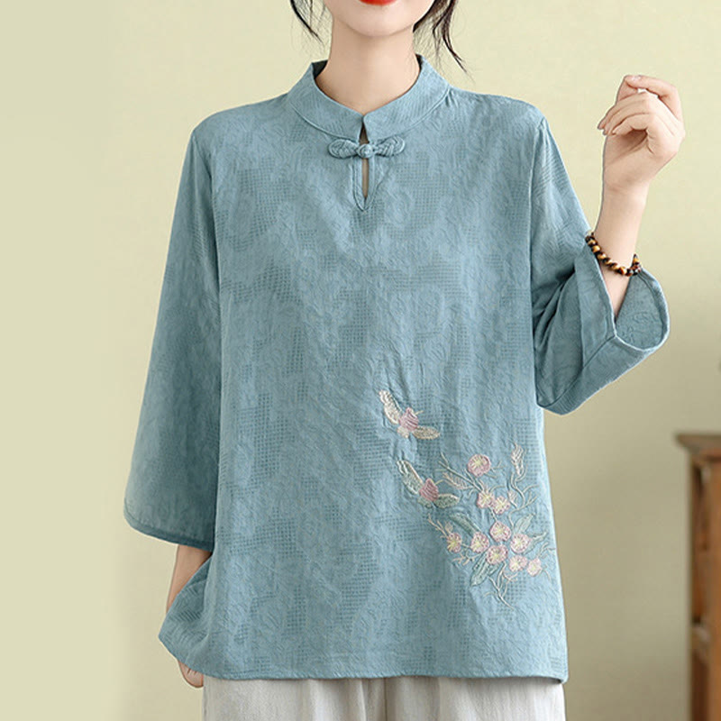 Nimara Ritual Flower Embroidery Three Quarter Sleeve One Frog-Button Mandarin Collar Cotton Women's Shirt